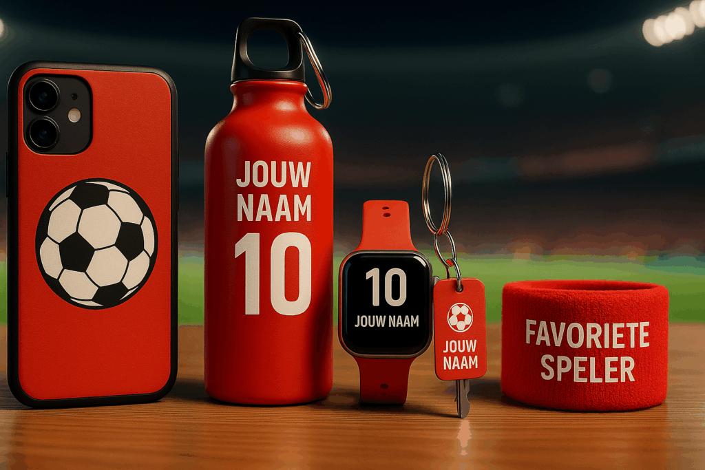 Gepersonaliseerde sport-gadgets in rood, waaronder een telefoonhoesje, drinkfles, smartwatch bandje, sleutelhanger en polsbandje.