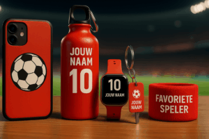 Gepersonaliseerde sport-gadgets in rood, waaronder een telefoonhoesje, drinkfles, smartwatch bandje, sleutelhanger en polsbandje.