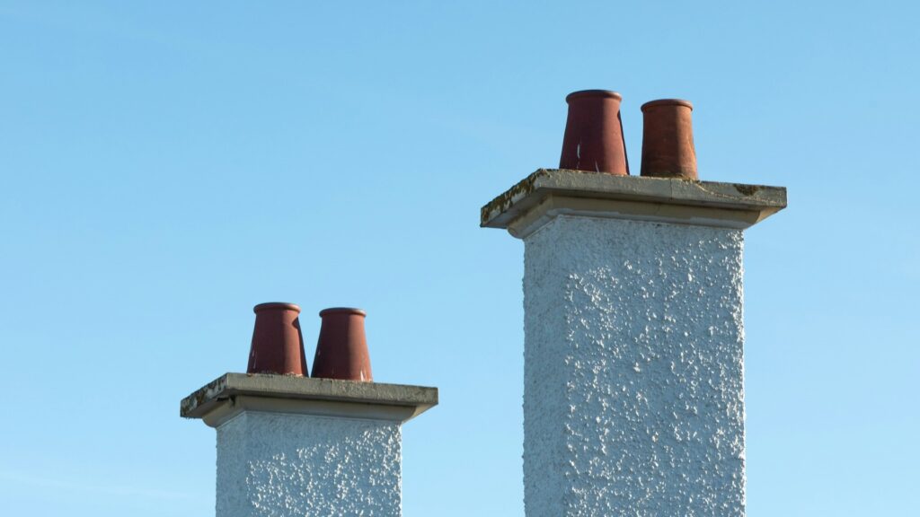 Twee witte schoorstenen met roodbruine rookkanalen tegen een heldere blauwe lucht.